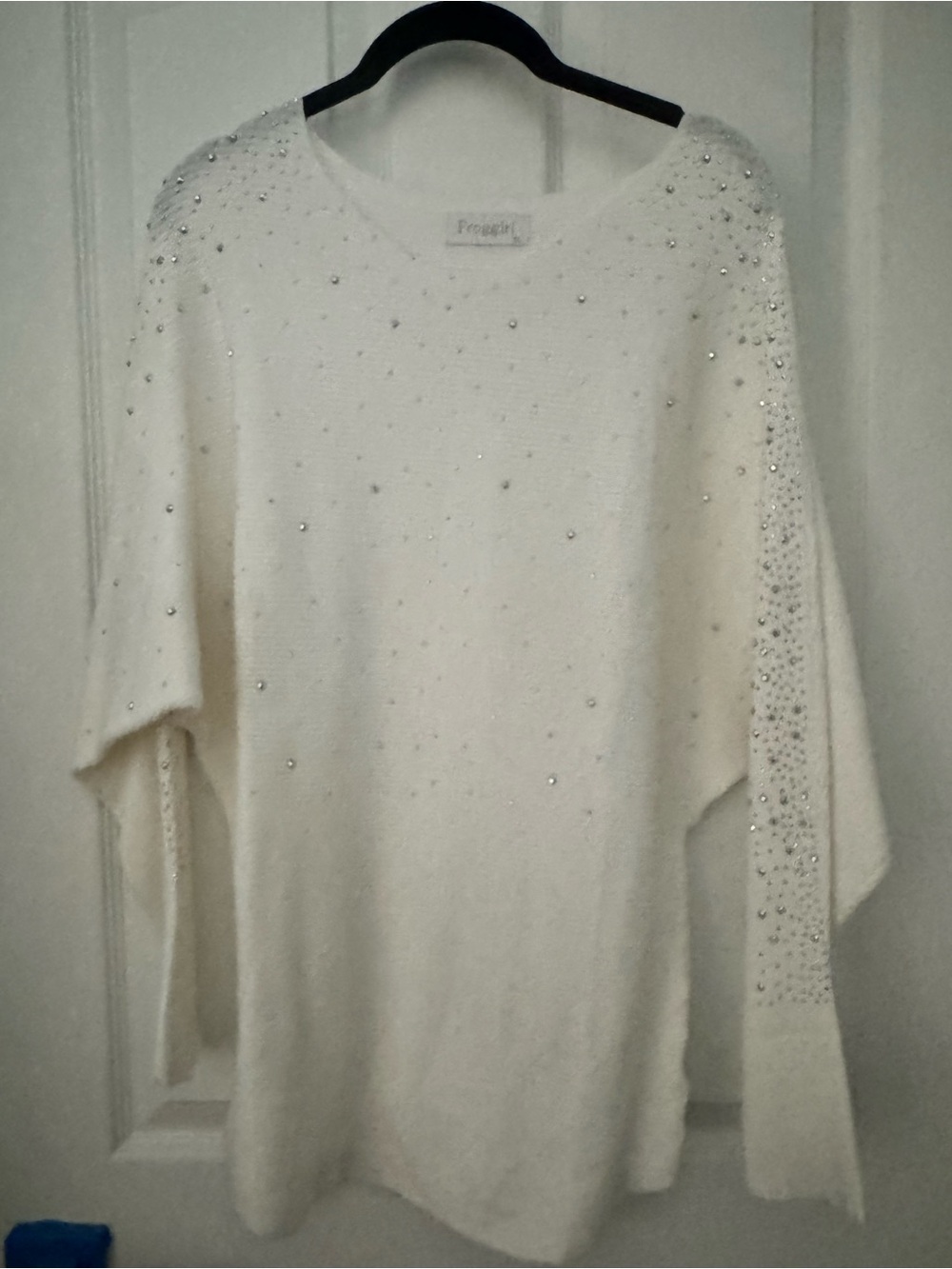 Free People Cream Scoop Neck Sweater with Bead Embellishment
